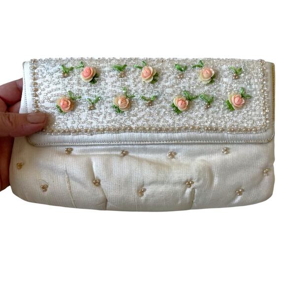 Vintage 1950s Soure Beaded Envelope Clutch Bag Silk 3D Roses Cream Pink GUC - Picture 4 of 11